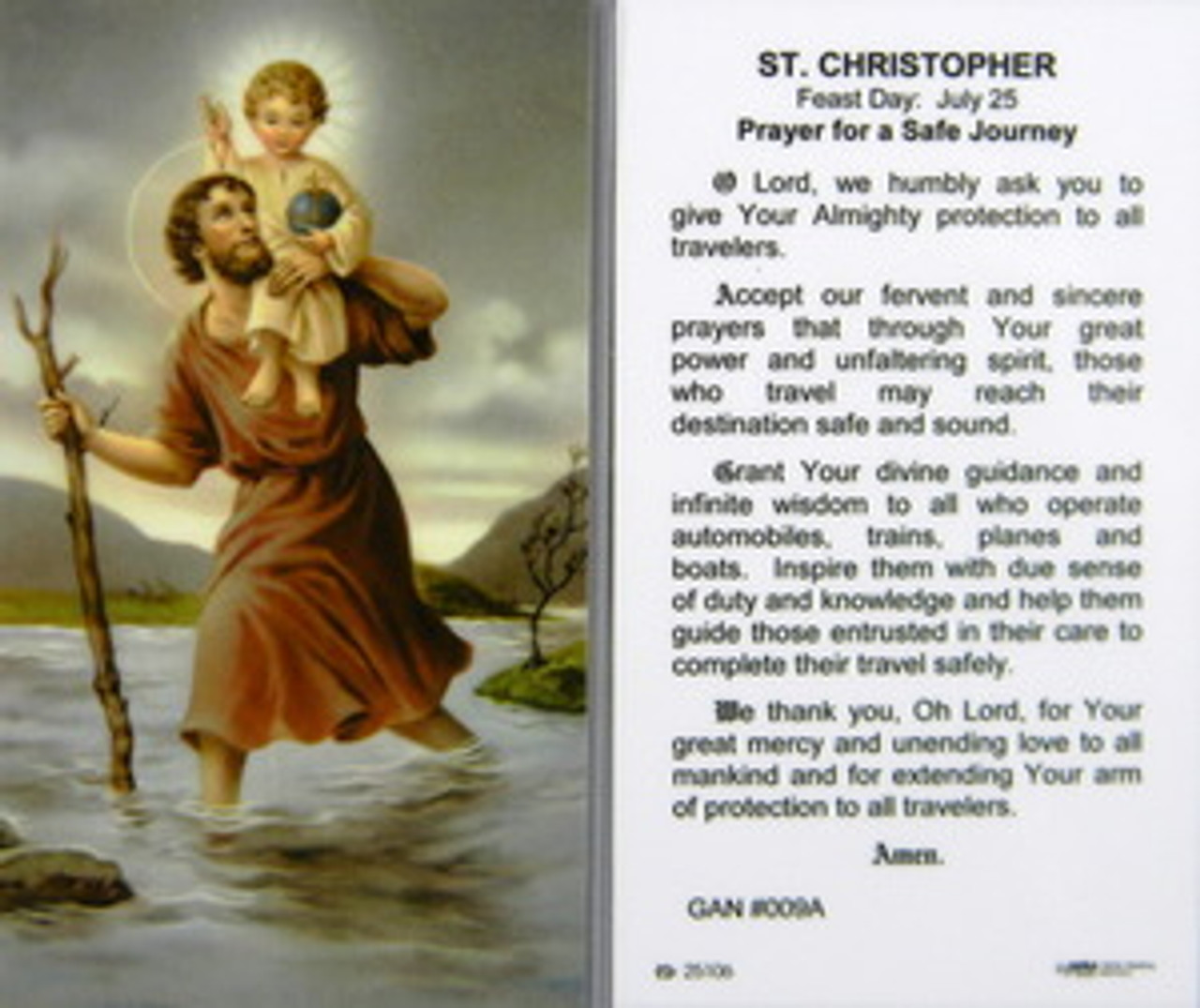 St Christopher Prayer for a Safe Journey Laminated Holy Card